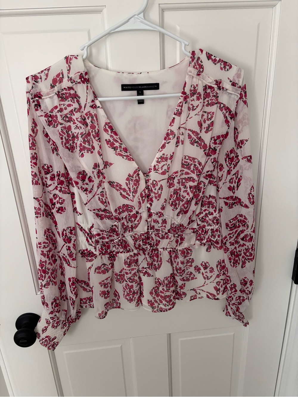 White House Black Market Cream Blouse with Pink Floral Print V-Neck Peplum